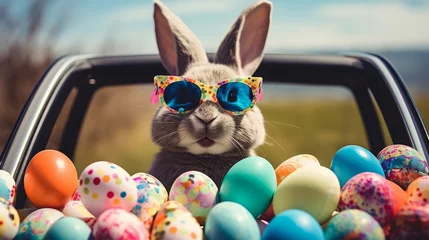 Foto op Aluminium Cute Easter Bunny with sunglasses looking out of a car filed with easter eggs © tetxu