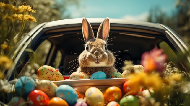 rabbit with easter eggs in traveling by car