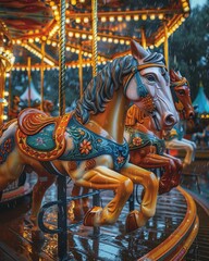 Fototapeta na wymiar an old-fashioned carousel with horses painted in lilac chambray blue