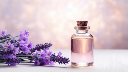 A glass bottle of lavender essential oil with fresh lavender flowers, an aromatherapy spa massage concept. Alternative medicine. Aromatherapy. - obrazy, fototapety, plakaty