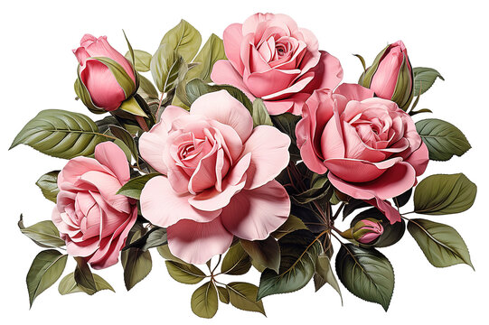Pink roses bunch closeup isolated on a Transparent background. Generative AI