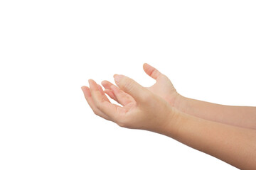 Hands that have the characteristic symptoms of trigger finger on white background.