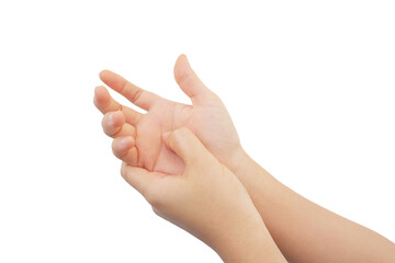 Hands that have the characteristic symptoms of trigger finger on white background.