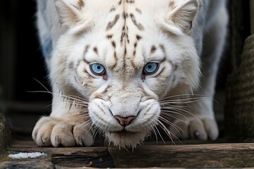 a majestic white lion with piercing blue eyes standing proudly in its natural habitat