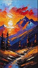 Sunrise in the mountains, oil painting, landscape wallpaper