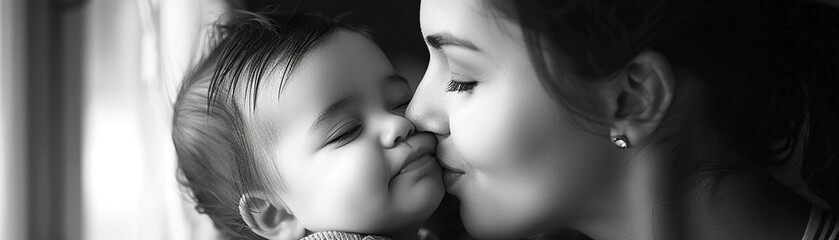 Black and white image of a mother kissing her babys forehead