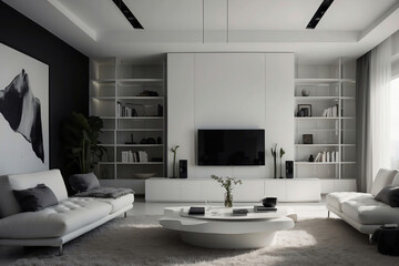 Fototapeta na wymiar Stilvolles und modernes Wohnzimmer in monochromem Design