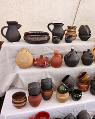  Handmade imitations of medieval ceramic vessels in knight camp at the festival of historical reconstruction