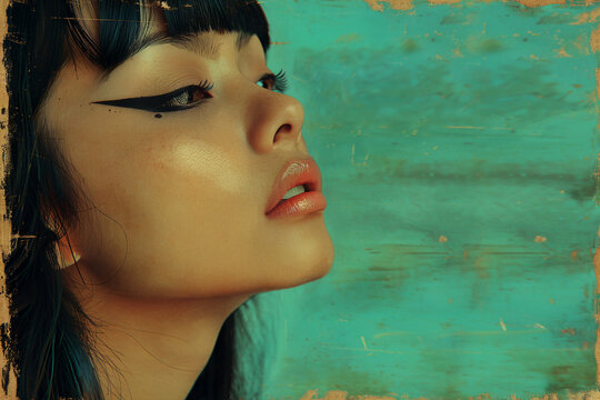 profile portrait of woman against a textured turquoise background, The subject’s identity is concealed, making this piece versatile  for various creative applications, advertising image, copy text 