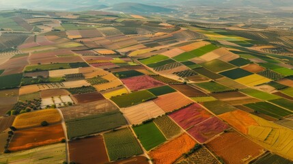 A breathtaking aerial view of a colorful patchwork of agricultural fields - obrazy, fototapety, plakaty