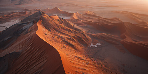 Sand dune panoramic landscape, Desert, Mountain, bird eye view, cinematic, morning sun light. - obrazy, fototapety, plakaty