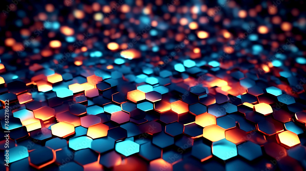 Poster abstract background hexagon pattern with glowing lights, front view, hyper realistic