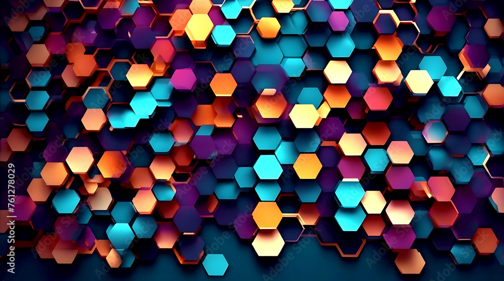 Poster abstract background hexagon pattern with glowing lights, front view, hyper realistic