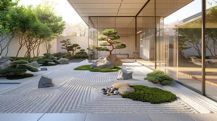 Gardinen A minimalist meditation garden featuring a central rock garden surrounded by Zen-inspired gravel beds and bonsai trees. © Tahira