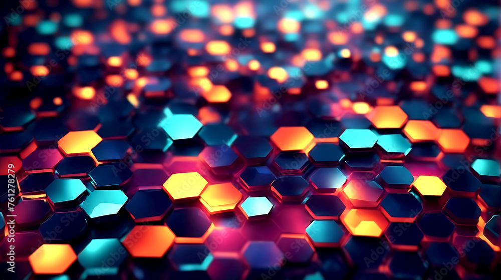 Poster abstract background hexagon pattern with glowing lights, front view, hyper realistic