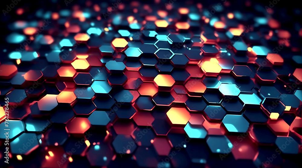 Poster abstract background hexagon pattern with glowing lights, front view, hyper realistic