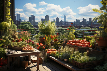 A city rooftop garden filled with rows of vegetables and herbs, highlighting the potential of urban spaces to produce fresh, organic food. - obrazy, fototapety, plakaty