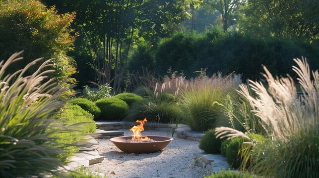 A sculptural fire pit nestled amidst sculpted hedges and ornamental grasses, offering warmth and ambiance.