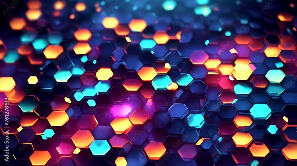 Poster abstract background hexagon pattern with glowing lights, front view, hyper realistic