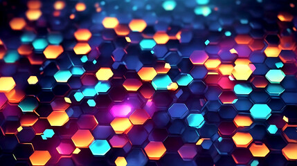 Abstract background hexagon pattern with glowing lights, front view, hyper realistic