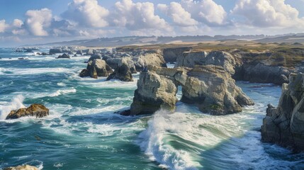 A picturesque coastal inlet with rocky cliffs and crashing waves