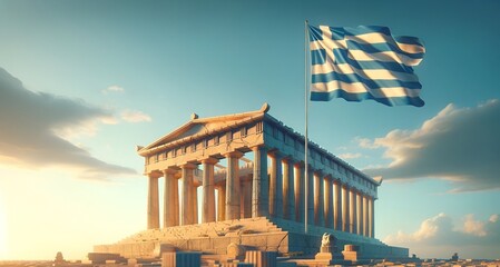 Realistic illustration for greek independence day with a large waving flag and parthenon. - obrazy, fototapety, plakaty