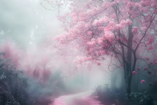 Foggy blurry misty path in the forest in blue and pink pastel colors. Beautiful art illustration for a poster, a music albums and a book covers