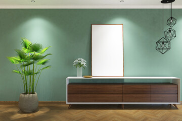 3d rendering corridor scandinavian style with credenza, plant and frame mock up. Green and light...