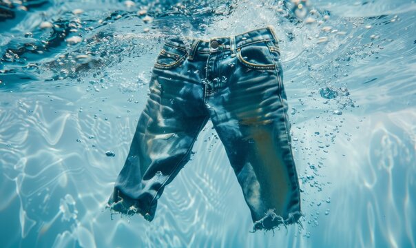 A pair of blue denim jeans is captured floating under the crystal clear water. Rejuvenate, decontamination and washing machine concept