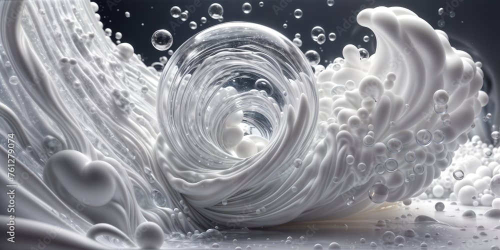 Poster white and grey spiral of liquid and bubbles with a dark background. the spiral is made up of flowing