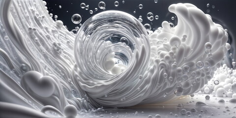 white and grey spiral of liquid and bubbles with a dark background. The spiral is made up of flowing liquid and small bubbles, creating a sense of movement and fluidity