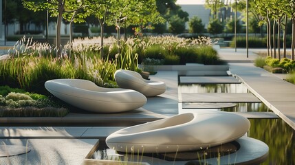 A sleek, modular seating arrangement nestled amidst sculptural plantings and reflective surfaces, inviting relaxation.