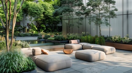 A sleek, modular seating arrangement nestled amidst sculptural plantings and reflective surfaces, inviting relaxation.