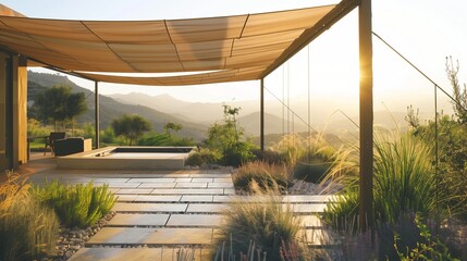 A striking, cantilevered shade structure providing relief from the sun while framing views of the surrounding landscape. - obrazy, fototapety, plakaty