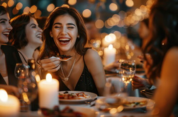 Obraz na płótnie Canvas Photo of a beautiful woman laughing at a table during dinner in a restaurant, holding food with her hand and showing it to friends, wearing a black dress and diamond necklace