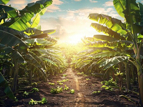 Sunlit scene overlooking the banana plantation with many bananas, bright rich color, professional nature photo