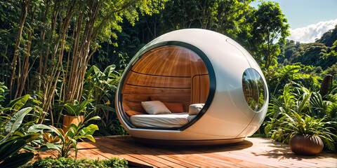 spherical pod with a wooden base and white cushioning sits on a wooden platform in a jungle setting