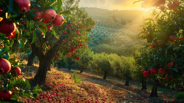 Sunlit scene overlooking the pomegranate plantation with many pomegranates, bright rich color, professional nature photo