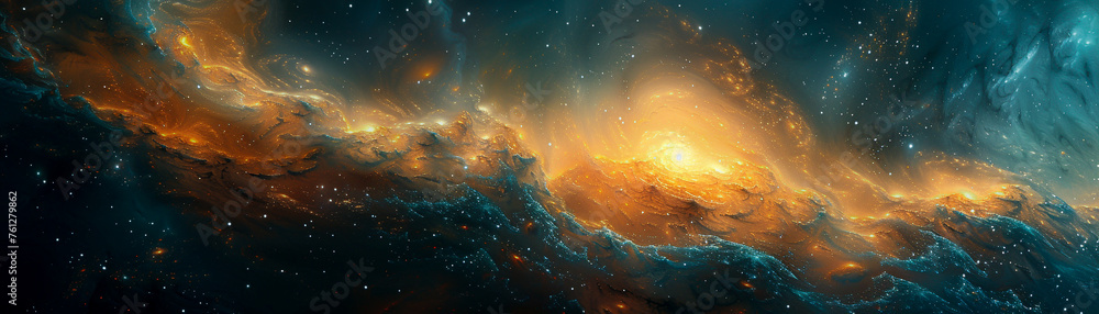 Poster a beautiful and colorful space scene with a bright orange star in the center. the stars are scattere