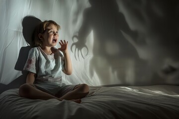 Little girl witnessing a hand shadow on wall - obrazy, fototapety, plakaty