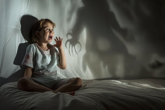 Little girl witnessing a hand shadow on wall