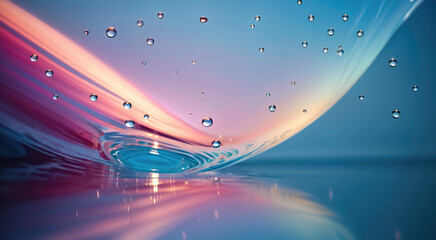 clear droplet sitting on a surface filled with water. The droplet is reflected on the surface, creating an upside-down image. The background is a gradient of blue and pink colors.