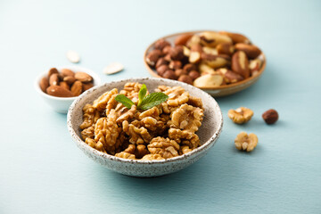 Assorted organic nuts on a table