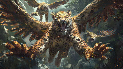 A leopard with four heads and four wings an ancient, Generative AI  - obrazy, fototapety, plakaty