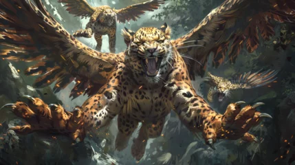 Fotobehang A leopard with four heads and four wings an ancient, Generative AI  © xpert
