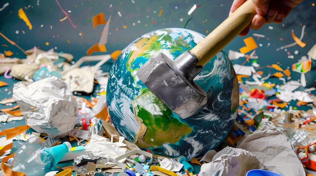 Earth globe is hit by a hammer and full of garbage