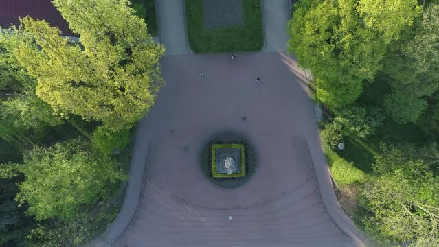 Top Down Statue Adam Mickiewicz Planty Nowy Sacz Aerial View Poland