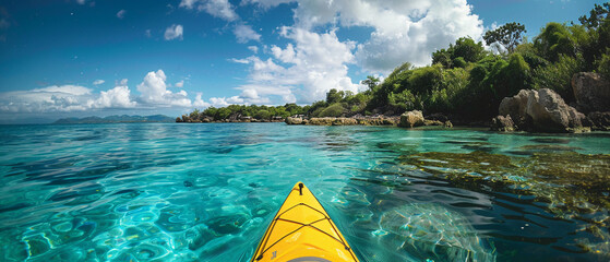 Kayaking in clear waters low impact travel - obrazy, fototapety, plakaty