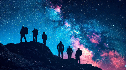 A diverse group of people stand united atop a majestic mountain peak, gazing up at a sky adorned with countless shimmering stars. Economic Relationships. World crisis Banner. Copy space - obrazy, fototapety, plakaty