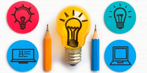 Illuminated bulb with icons, pencils signify idea, creativity, and technology. - obrazy, fototapety, plakaty